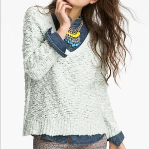 Free People Songbird Boucle Minty Blue Oversized Cotton Chunky V-Neck Sweater